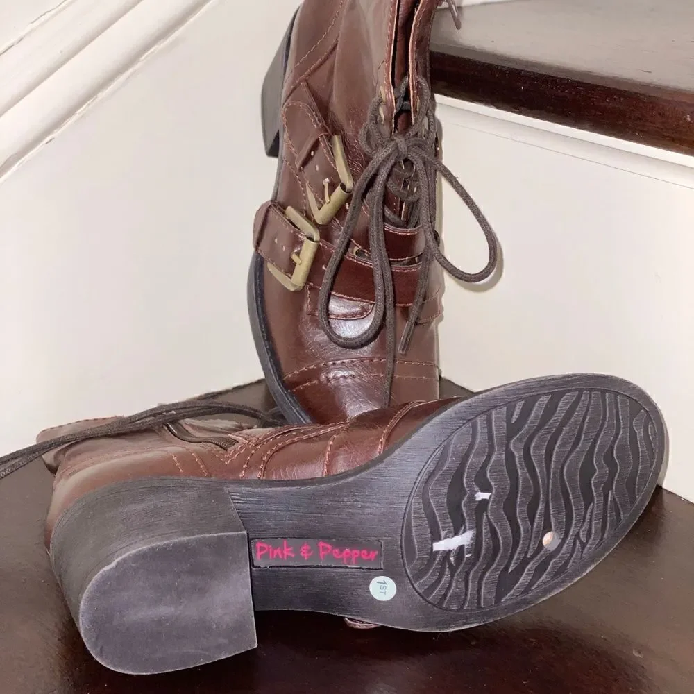 Pink & Pepper Brown Leather Lace Up Combat Boots - Picture 3 of 3